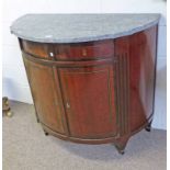 19TH CENTURY MARBLE TOPPED INLAID DEMI LUNE SIDE CABINET WITH 2 DRAWERS OVER 2 PANEL DOORS ON SQUARE