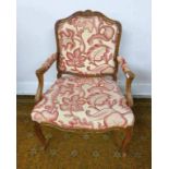 20TH CENTURY CONTINENTAL BEECH OPEN ARMCHAIR WITH SHAPED BACK & DECORATIVE CARVINGS ON CABRIOLE