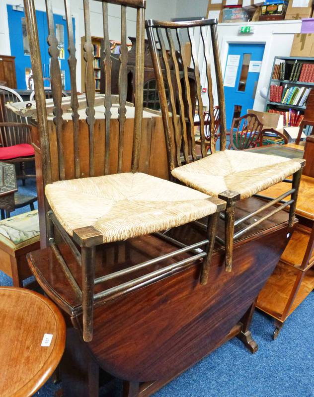 PAIR EARLY 20TH CENTURY NURSING CHAIRS WITH RUSHWORK SEATS & MAHOGANY GATELEG TABLE