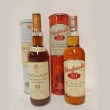 2 BOTTLES 10 YEAR OLD SINGLE MALT WHISKY: MACALLAN - 70CL, 40% VOLUME & GLENFARCLAS - 700ML, 40%