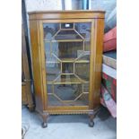 MAHOGANY CORNER CUPBOARD WITH ASTRAGLED GLASS DOOR OPENING TO FITTED INTERIOR ON BALL & CLAW