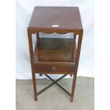 MAHOGANY BEDSIDE TABLE WITH SQUARE TOP & DRAWER BELOW ON SQUARE SUPPORTS