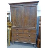 19TH CENTURY MAHOGANY LINEN PRESS WITH 2 PANEL DOORS WITH 2 SHORT OVER 2 LONG DRAWERS ON TURNED