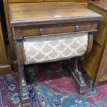 VICTORIAN ROSEWOOD SEWING TABLE WITH DRAWER & BASKET ON SHAPED SUPPORTS 77CM TALL