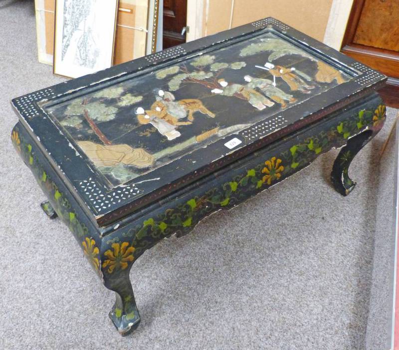 CHINESE RECTANGULAR LOW TABLE WITH HARDSTONE INLAID FIGURAL DECORATION ON SHAPED SUPPORTS, 91CM