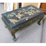 CHINESE RECTANGULAR LOW TABLE WITH HARDSTONE INLAID FIGURAL DECORATION ON SHAPED SUPPORTS, 91CM
