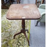 EARLY 19TH CENTURY MAHOGANY SQUARE TILT TOP TABLE ON TURNED COLUMN WITH 3 SPREADING SUPPORTS