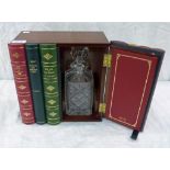 MAHOGANY DECANTER BOX WITH BOOK EFFECT DOOR AND TWO CUT GLASS DECANTERS