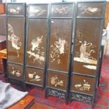 4 PANEL CHINESE LACQUERED SCREEN WITH HARDSTONE DECORATION Condition Report: L -