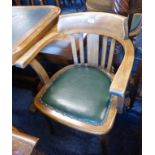 20TH CENTURY MAHOGANY TUB CHAIR WITH GREEN LEATHER SEAT & SABRE SUPPORTS