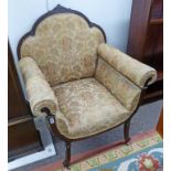 LATE 19TH CENTURY CARVED MAHOGANY FRAMED OVERSTUFFED ARMCHAIR ON SHAPED SUPPORTS,