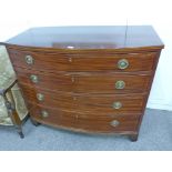 19TH CENTURY MAHOGANY BOW FRONT CHEST OF 4 LONG DRAWERS ON BRACKET SUPPORTS WITH BOXWOOD INLAY