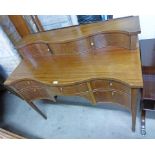 19TH CENTURY INLAID MAHOGANY SIDEBOARD WITH SERPENTINE FRONT & 3 SMALL DRAWERS & 2 DEEP DRAWERS ON