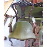 LATE 19TH CENTURY OPEN ARMCHAIR WITH CARVED DECORATIVE BACK ON CABRIOLE SUPPORTS