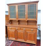 CONTINENTAL WALNUT KITCHEN CABINET WITH 3 COLOURED GLAZED PANEL DOORS OVER 2 DRAWERS OVER 3 PANEL