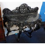 EASTERN EBONISED CARVED HARDWOOD CONSOLE TABLE WITH SERPENTINE FRONT & SHAPED SUPPORTS