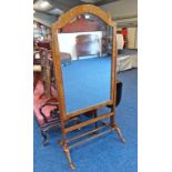 WALNUT FRAMED CHEVAL MIRROR WITH SHAPED TOP & SUPPORTS