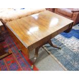 MID 19TH CENTURY MAHOGANY SOFA TABLE WITH CROSSBANDED DECORATION ON QUATREFOIL BASE