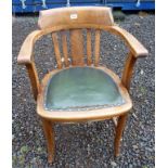 20TH CENTURY MAHOGANY TUB CHAIR WITH GREEN LEATHER SEAT & SABRE SUPPORTS