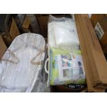 2 BOXES CONTAINING A VARIETY OF BABY BEDDING AND THREE MOSES BASKETS WITH STANDS