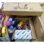4 BOXES CONTAINING PARTS FOR A BABY WALKER, TWO TODDLER TRIKES, SCOOTER AND A HOBBY HORSE.