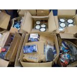 6 BOXES OF BIKE EQUIPMENT, INCLUDING CYCLE STABILIZERS, INNER TUBES, LIGHTS, REPAIR STRIPS,