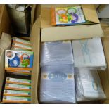 1 BOX CONTAINING A VARIETY OF BABY BEDDING AND 3 BOXES OF BABY RATTLES