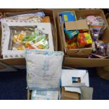 3 BOXES OF BABY TOYS/ EQUIPMENT INCLUDING COT QUILTS, BUMPERS, RATTLES, BABY LIGHTS, SLEEPING BAGS.