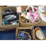 3 BOXES CONTAINING A VARIETY OF CYCLE EQUIPMENT, INCLUDING LIGHTS, SHOULDER BAGS, BRAKE PADS,