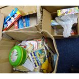 3 BOXES CONTAINING VARIOUS BABY ITEMS, INCLUDING 'BABY'S 1ST PRAM RATTLE', BIBS,