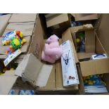 4 BOXES CONTAINING VARIOUS BABY EQUIPMENT INCLUDING MOBILES, RATTLES AND SOFT TEDDYS .