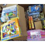 2 BOXES CONTAINING A VARIETY OF BABY TOYS INCLUDING 'ACTIVITY TOYS, MUSICAL MOBILE, RATTLES',