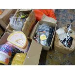 4 BOXES OF VARIOUS BIKE EQUIPMENT, INCLUDING WATER PROOFS, BASKETS, STANDS,