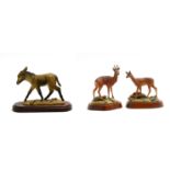 Border Fine Arts Mammals Series: 'Roe Buck', model No. 007 by Anne Wall, on wood base; 'Roe Doe',