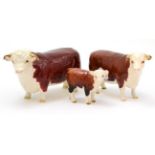 Beswick Cattle comprising: Hereford Bull, model No. 1363A,  Hereford Cow, model No. 1360, Hereford
