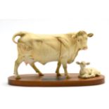 Beswick Connoisseur Charolais Cow and Calf, model No. A2648/2652, satin matt, on wood plinth