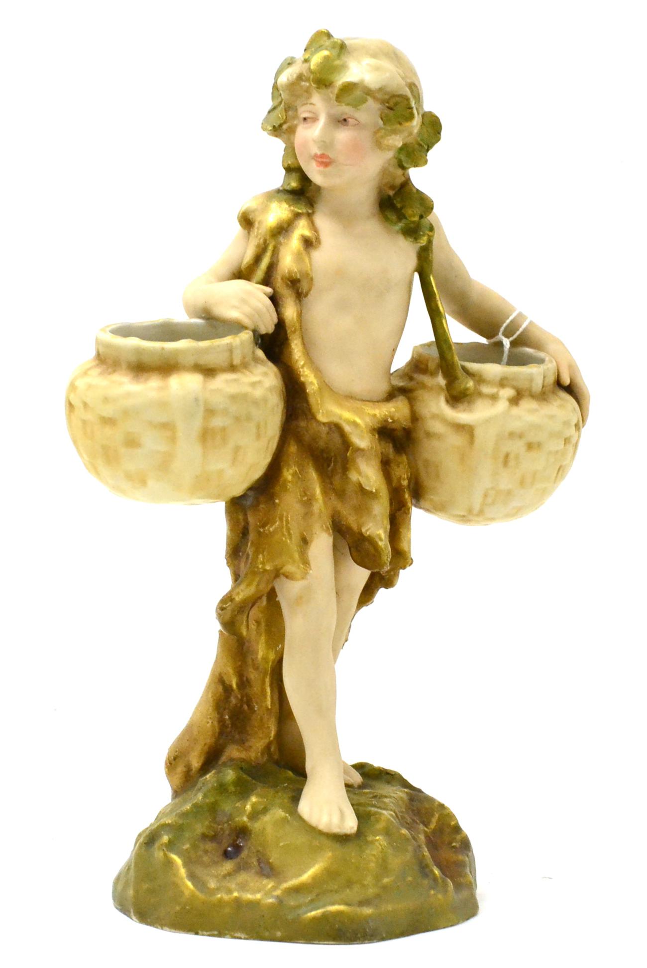 Royal Dux figure of young boy carrying two baskets