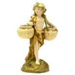 Royal Dux figure of young boy carrying two baskets