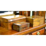 Three 19th century boxes including a brass inlaid walnut writing slope and two mahogany examples