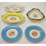 Royal Crown Derby shaped dish hand decorated with flowers to the centre, pair of cabinet plates