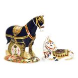 Two Royal Crown Derby paperweights including: Shire Horse and Thistle the Donkey (each with gold