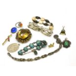 A citrine brooch and assorted bracelets and white metal jewellery