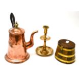 Circa 1700 candlestick, a copper chocolate pot and a stave salt