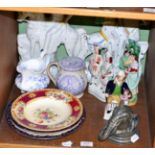 Quantity of ceramics, including a pair of Staffordshire flat back figures, a lidded mug and a pewter