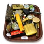 Group of assorted collectable items including lorgnettes, enamel badges, fountain pens, decorative