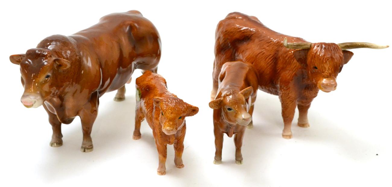 Beswick cattle including Highland cow and calf and a Limousin bull and calf with boxes (4)