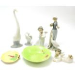 Four Lladro figures, one Nao figure, Carlton ware dish and a Mella ware dish