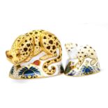 Two Royal Crown Derby paperweights including: Savanna Leopard and Leopard Cub (each with gold