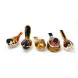 Five Royal Crown Derby paperweights including: Fairy Wren (gold stopper), Nesting Bullfinch, Long