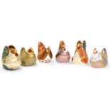 Six Royal Crown Derby paperweights including: Cockerel (gold stopper), Chicken (silver stopper),